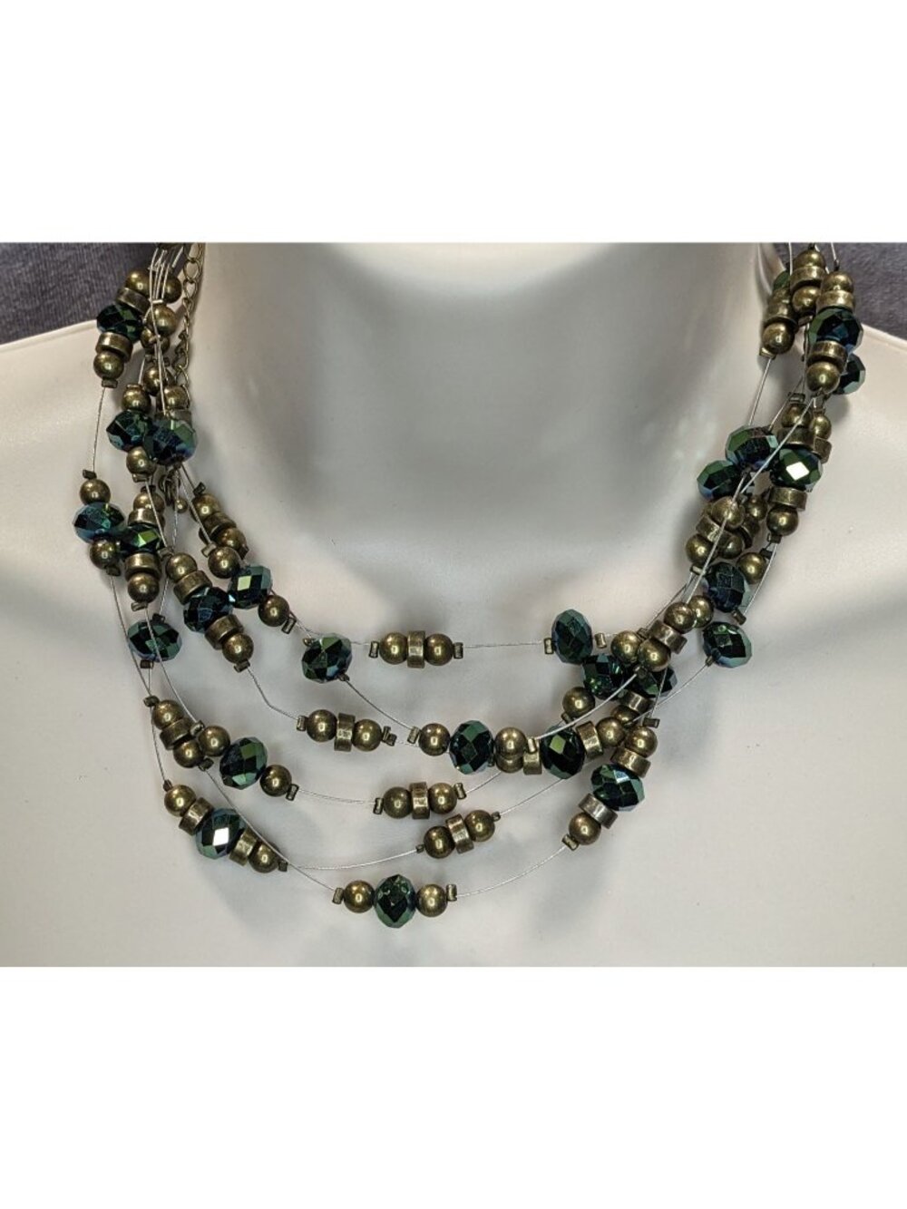 Vintage Cookie Lee Layered Floating Beaded Necklace Green Glass Gold Tone Glam